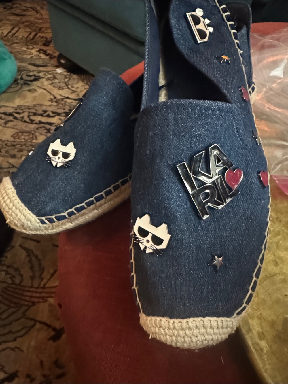Karl Lagerfeld Navy Denim Espadrilles with Enamel Pins